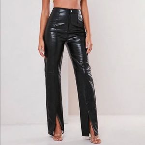 Black leather split hem pants